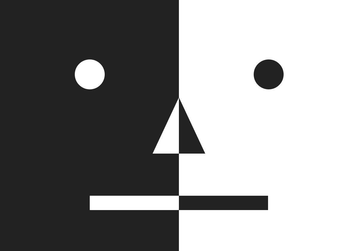 An abstract black-and-white face made from circles, triangles, and lines.
